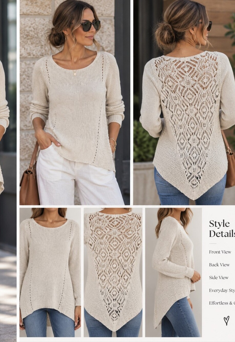 Cream Crochet-Back Scoop Neck Sweater Made In Italy  🇮🇹